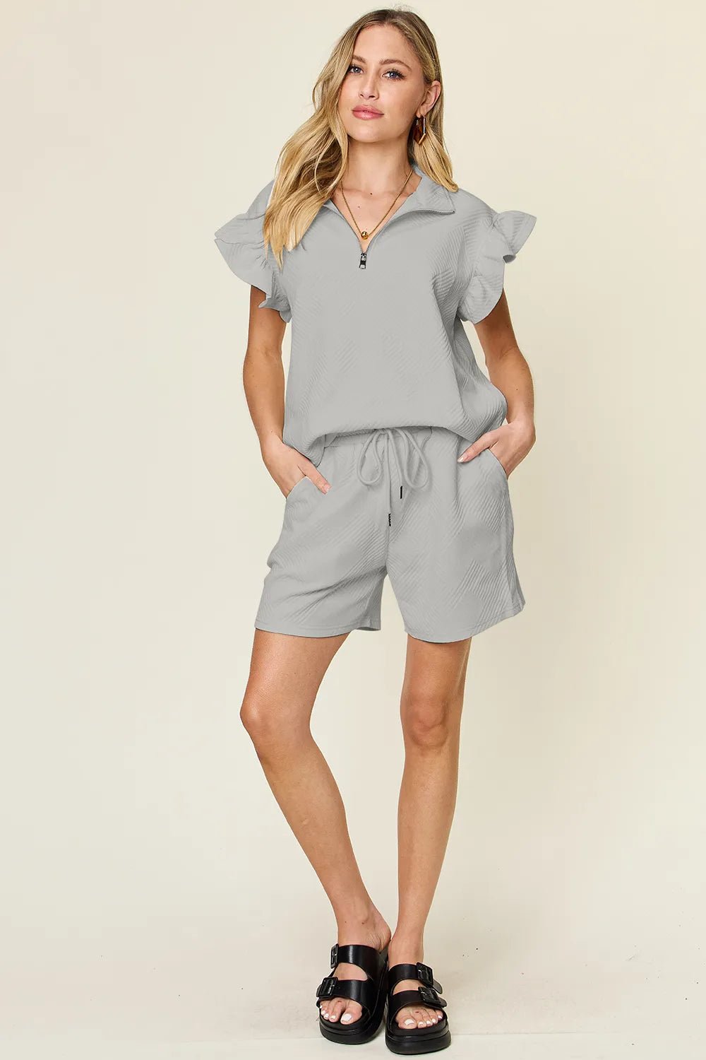 Double Take Full Size Texture Flounce Sleeve Top and Drawstring Shorts Set - Grace & Grit Boutique