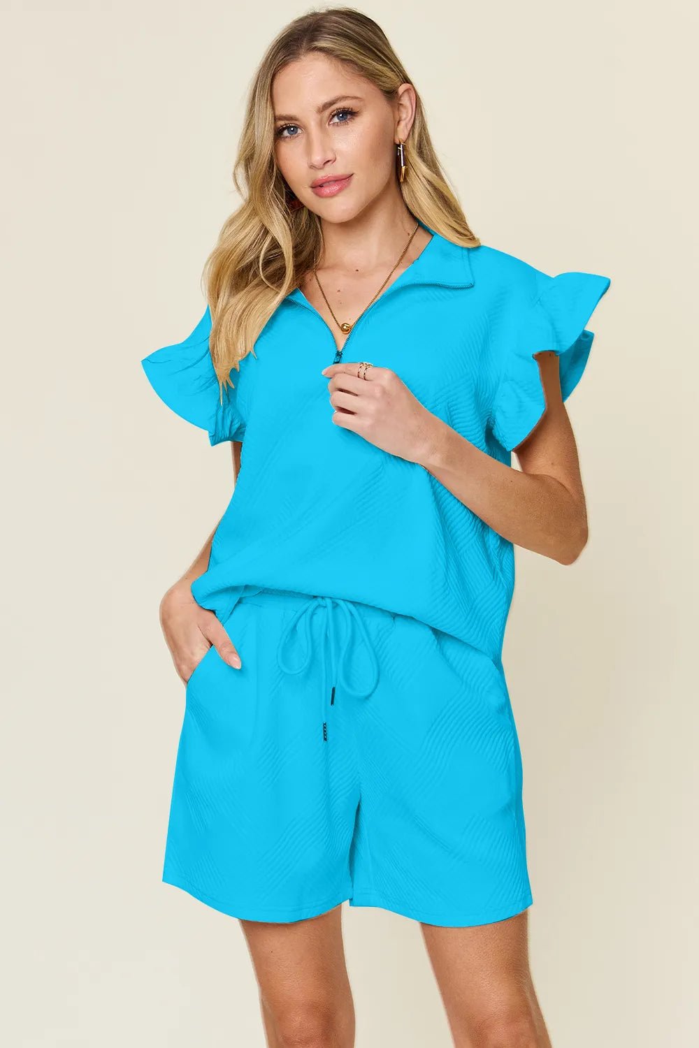 Double Take Full Size Texture Flounce Sleeve Top and Drawstring Shorts Set - Grace & Grit Boutique