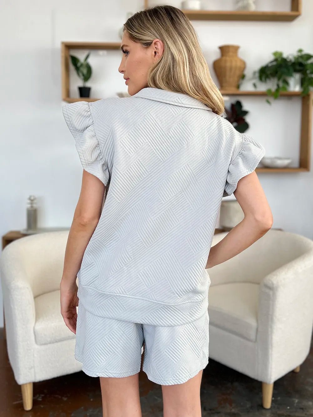 Double Take Full Size Texture Flounce Sleeve Top and Drawstring Shorts Set - Grace & Grit Boutique