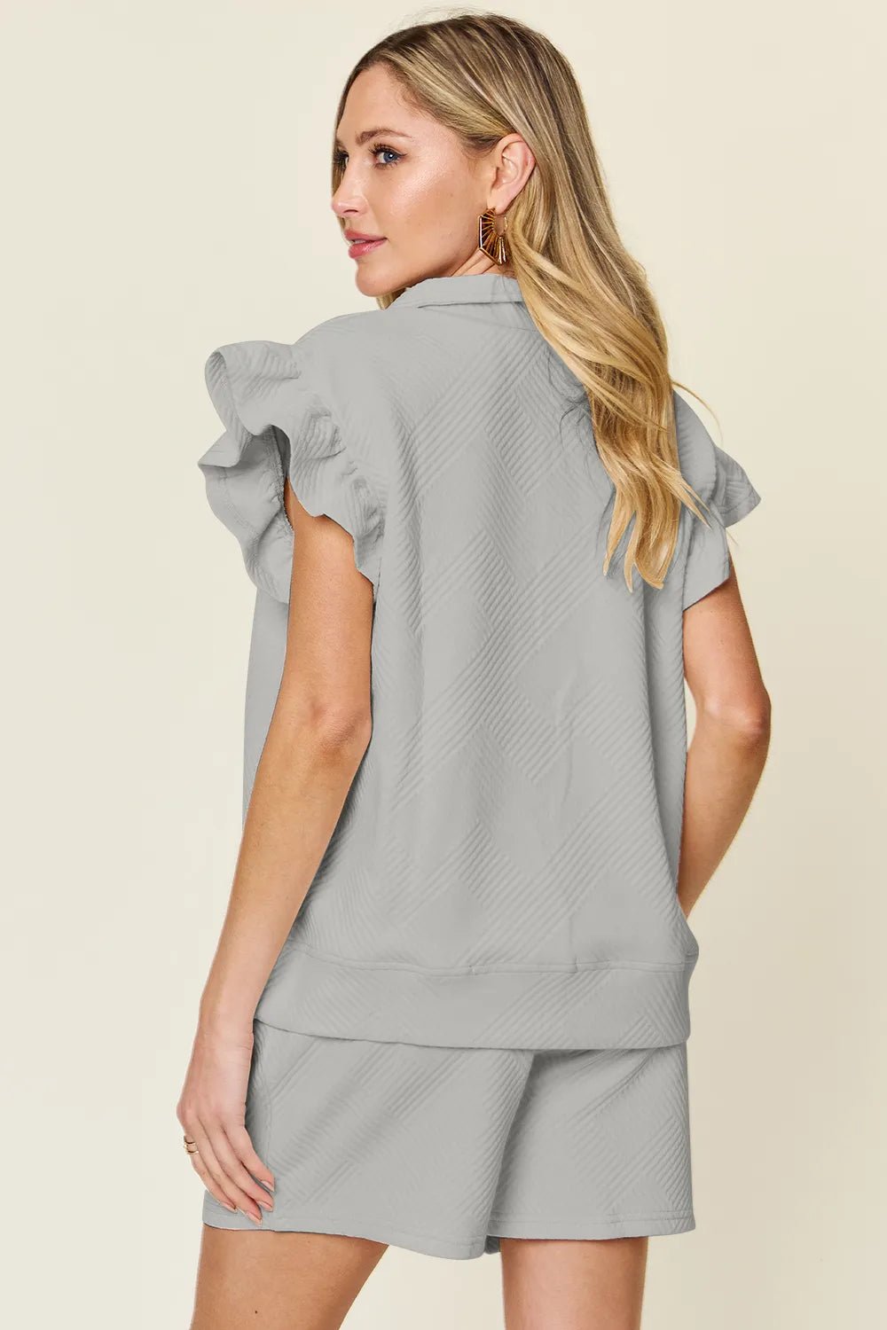 Double Take Full Size Texture Flounce Sleeve Top and Drawstring Shorts Set - Grace & Grit Boutique