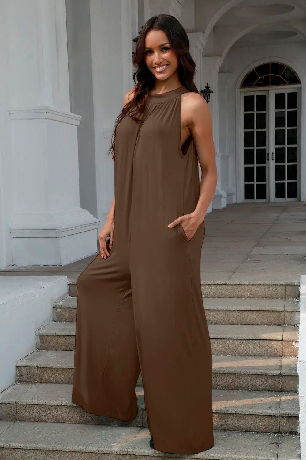 Double Take Full Size Tie Back Cutout Sleeveless Jumpsuit - Grace & Grit Boutique