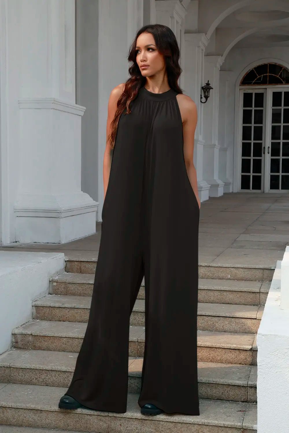Double Take Full Size Tie Back Cutout Sleeveless Jumpsuit - Grace & Grit Boutique