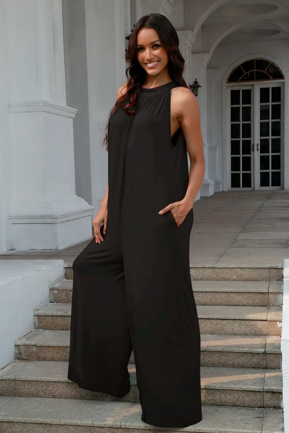 Double Take Full Size Tie Back Cutout Sleeveless Jumpsuit - Grace & Grit Boutique