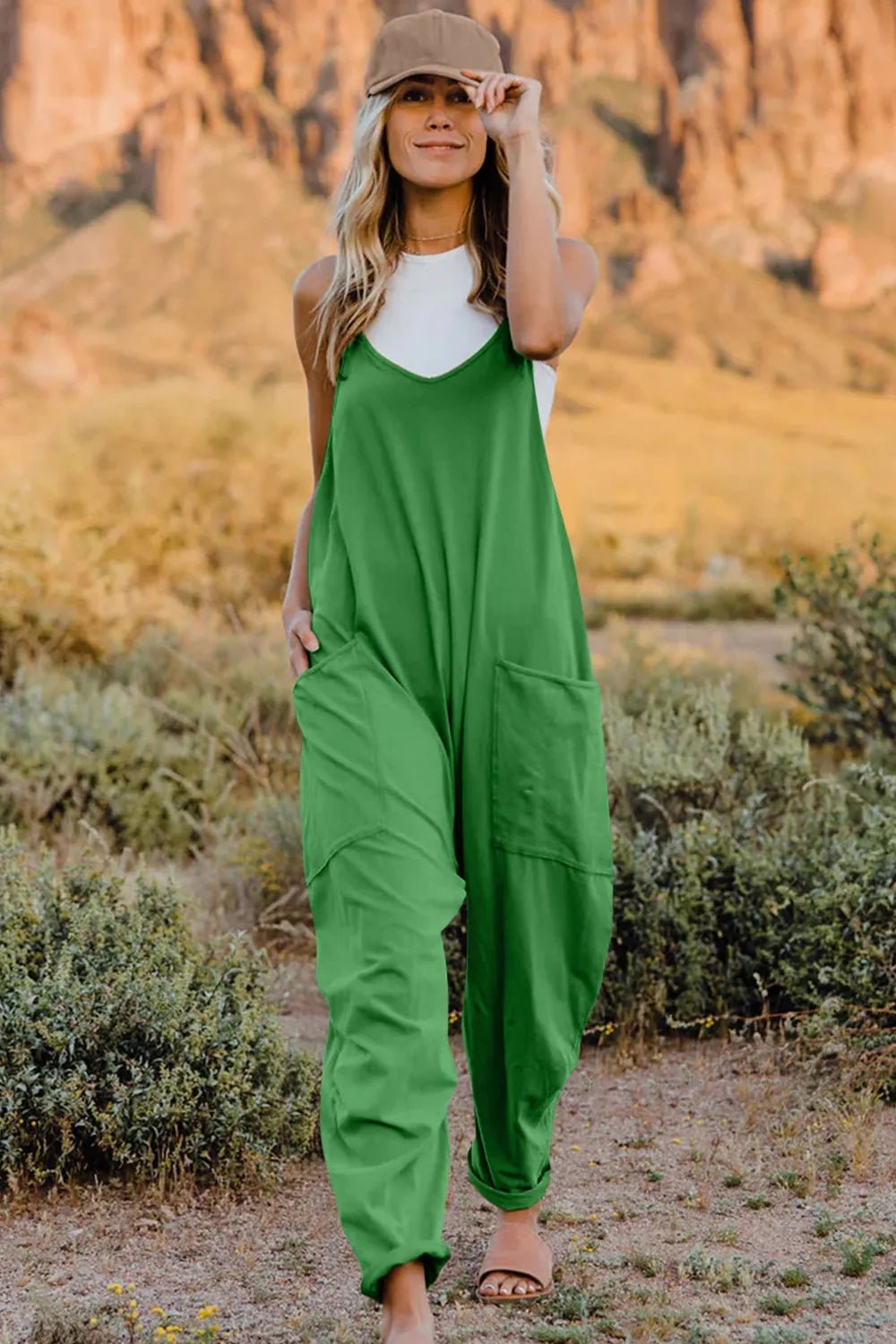 Double Take Full Size V-Neck Sleeveless Jumpsuit with Pockets by Trendsi