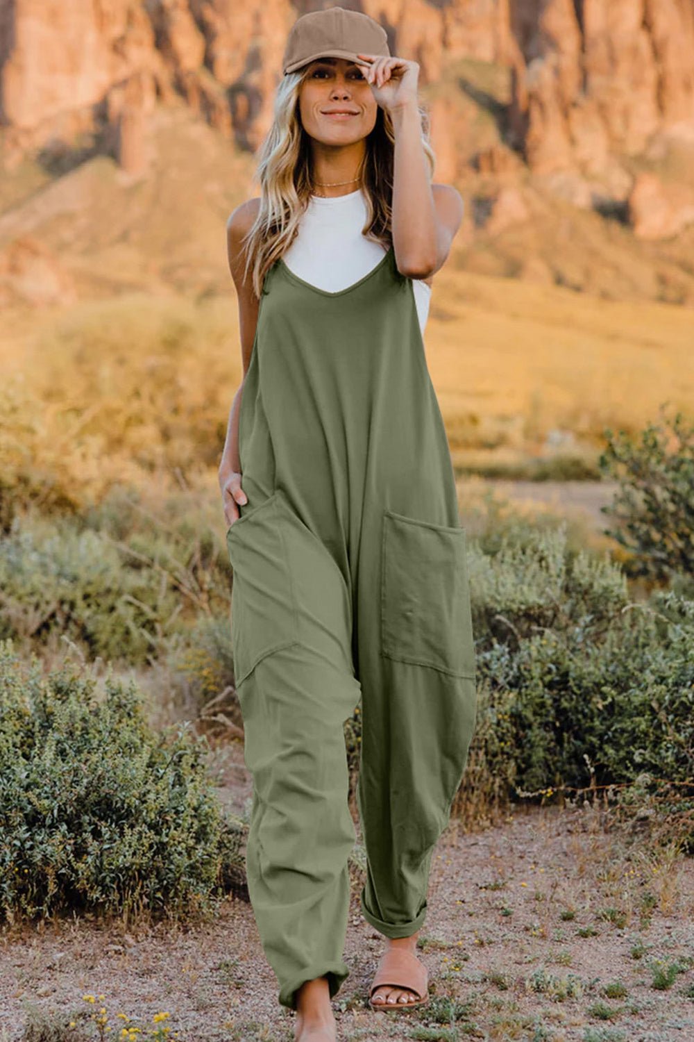 Double Take Full Size V-Neck Sleeveless Jumpsuit with Pockets by Trendsi