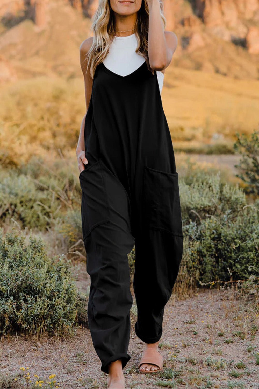 Double Take Full Size V - Neck Sleeveless Jumpsuit with Pockets - Grace & Grit Boutique