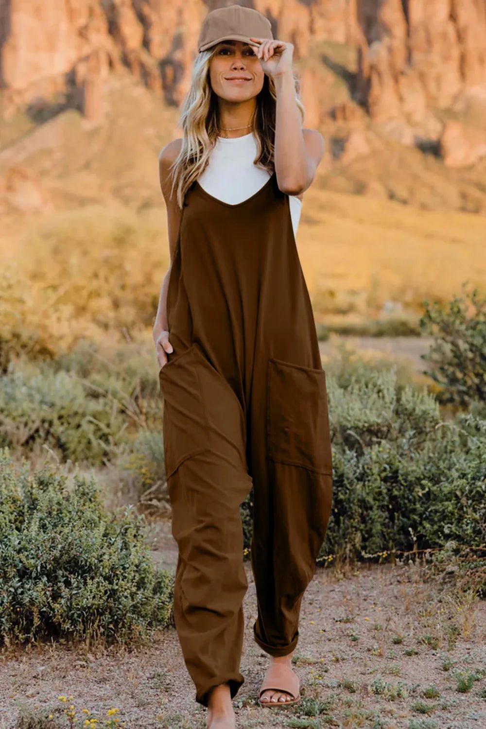 Double Take Full Size V-Neck Sleeveless Jumpsuit with Pockets by Trendsi