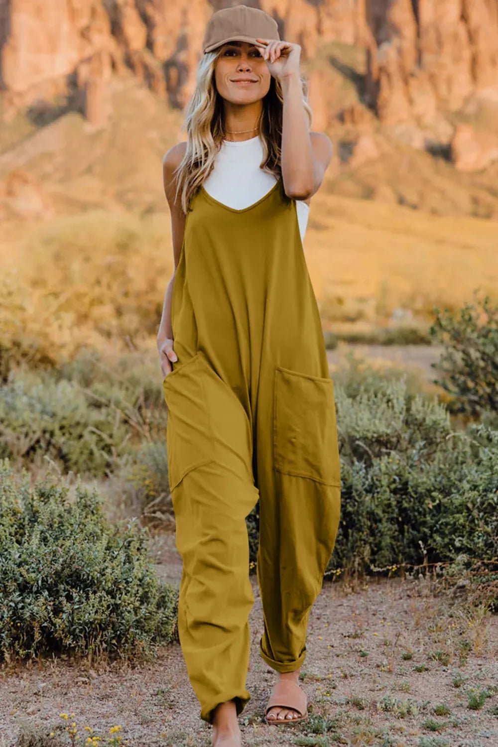 Double Take Full Size V-Neck Sleeveless Jumpsuit with Pockets by Trendsi