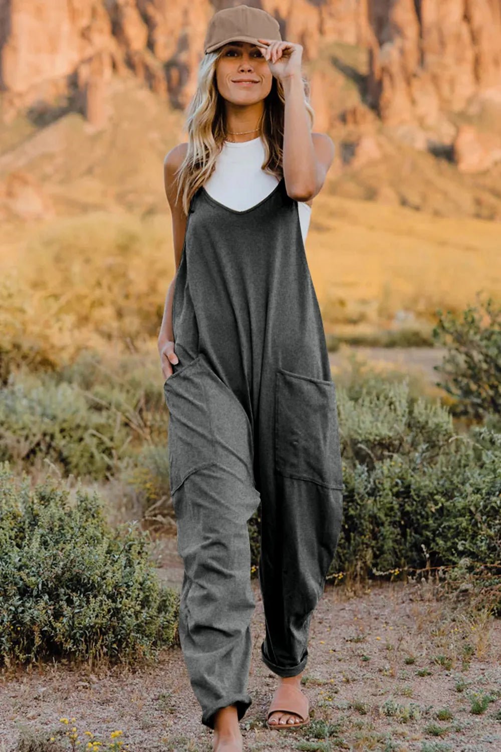 Double Take Full Size V-Neck Sleeveless Jumpsuit with Pockets by Trendsi