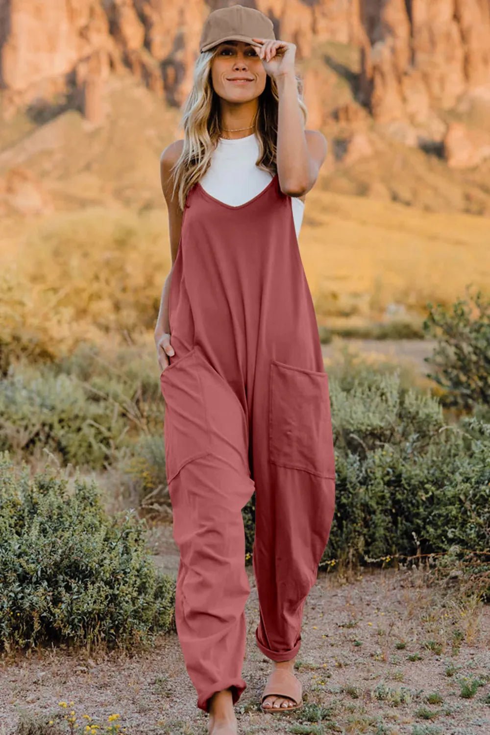 Double Take Full Size V-Neck Sleeveless Jumpsuit with Pockets by Trendsi
