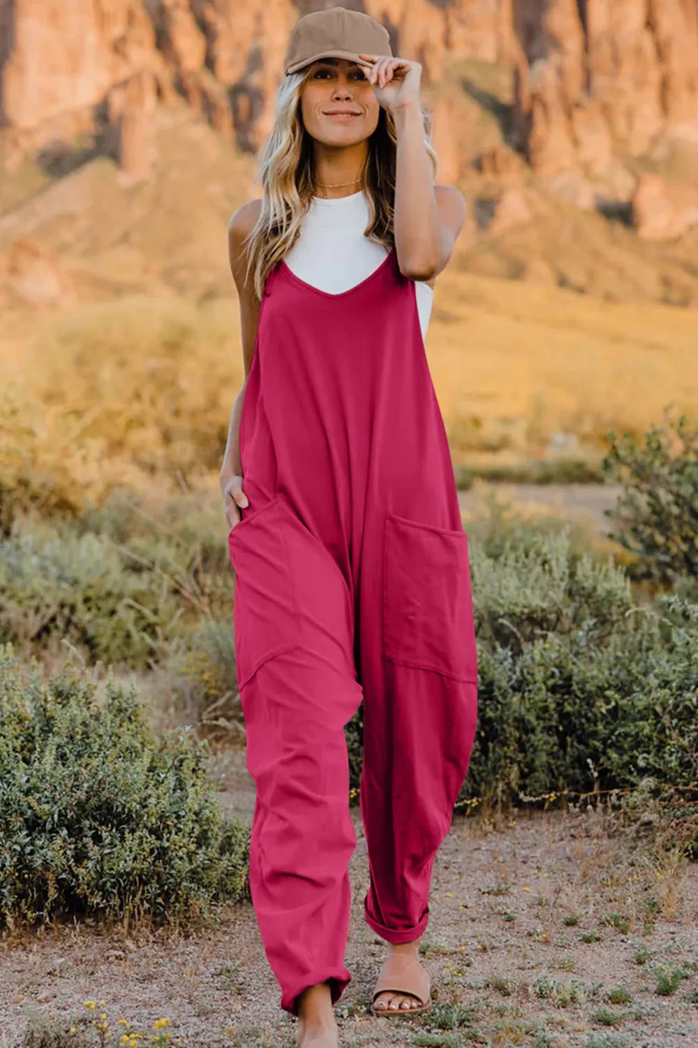 Double Take Full Size V-Neck Sleeveless Jumpsuit with Pockets by Trendsi