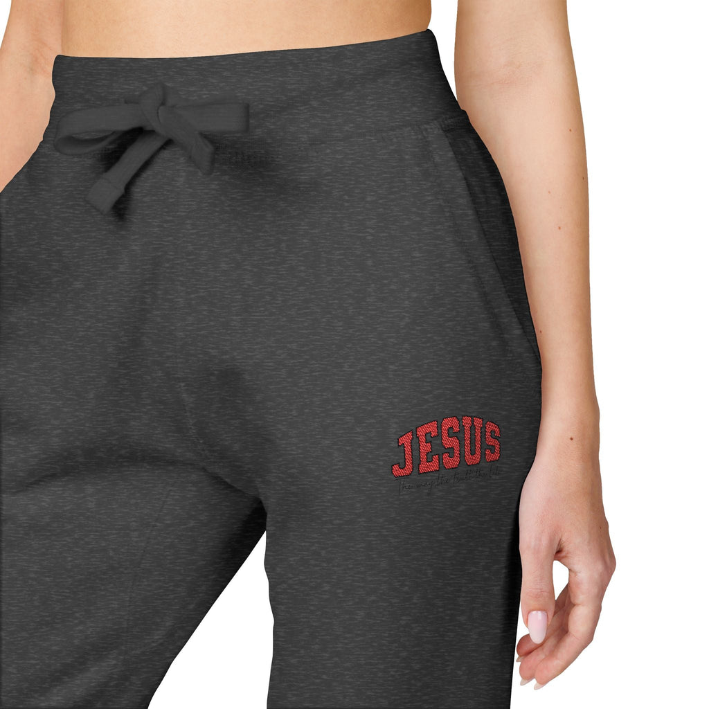 Embroidered 'JESUS' Fleece Sweatpants — Cozy Christian Joggers - Grace & Grit Boutique