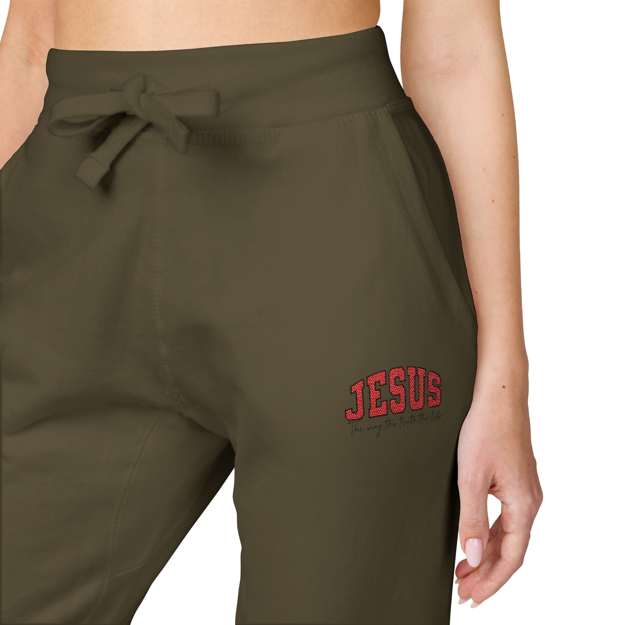 Embroidered 'JESUS' Fleece Sweatpants — Cozy Christian Joggers - Grace & Grit Boutique