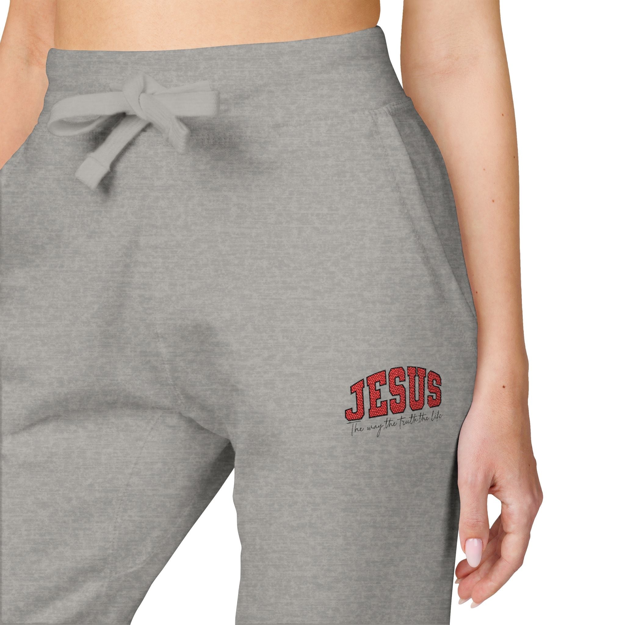 Embroidered 'JESUS' Fleece Sweatpants — Cozy Christian Joggers - Grace & Grit Boutique