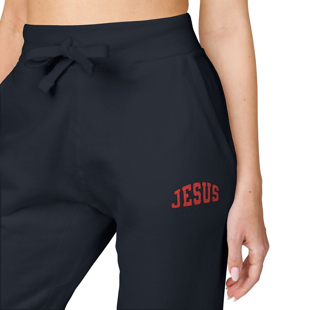 Embroidered 'JESUS' Fleece Sweatpants — Cozy Christian Joggers - Grace & Grit Boutique