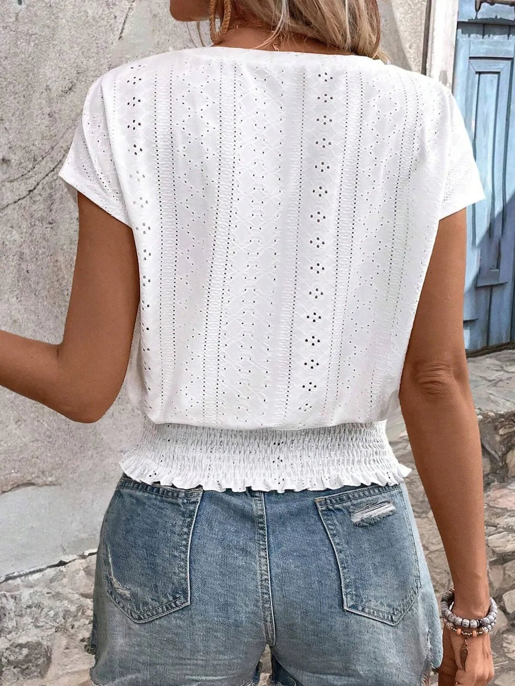 Eyelet V - Neck Short Sleeve Blouse - Grace & Grit Boutique