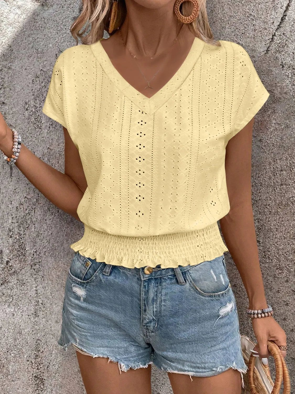 Eyelet V - Neck Short Sleeve Blouse - Grace & Grit Boutique