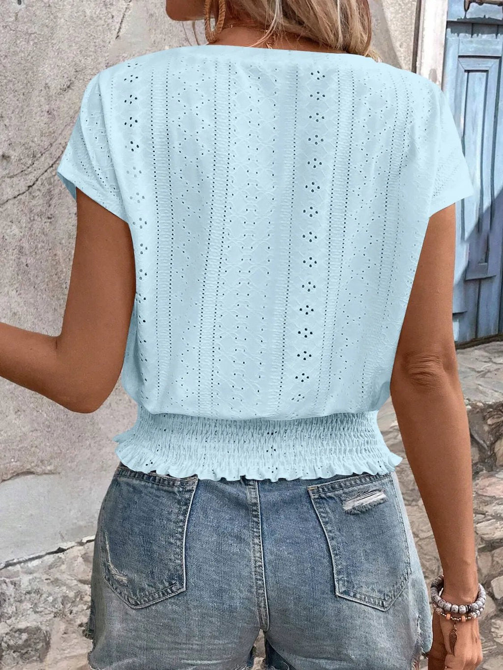 Eyelet V - Neck Short Sleeve Blouse - Grace & Grit Boutique
