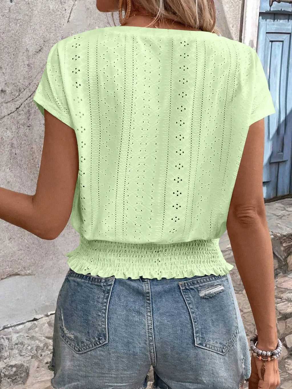 Eyelet V - Neck Short Sleeve Blouse - Grace & Grit Boutique