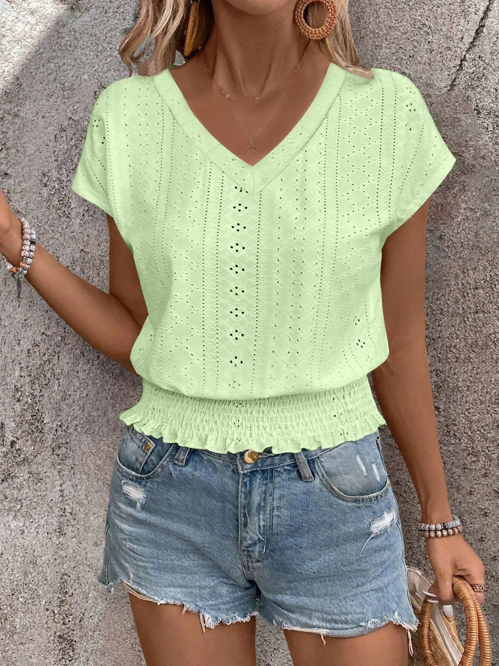 Eyelet V - Neck Short Sleeve Blouse - Grace & Grit Boutique