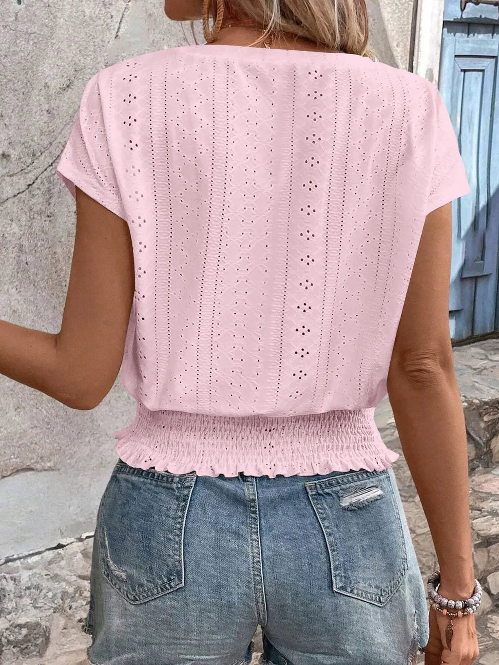 Eyelet V - Neck Short Sleeve Blouse - Grace & Grit Boutique