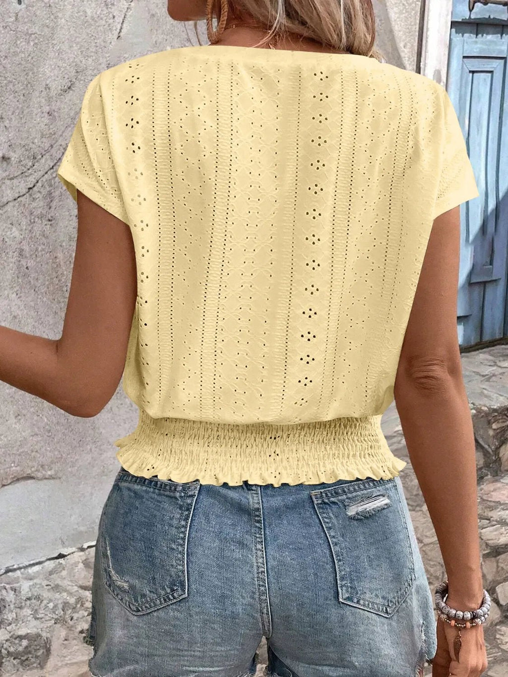 Eyelet V - Neck Short Sleeve Blouse - Grace & Grit Boutique