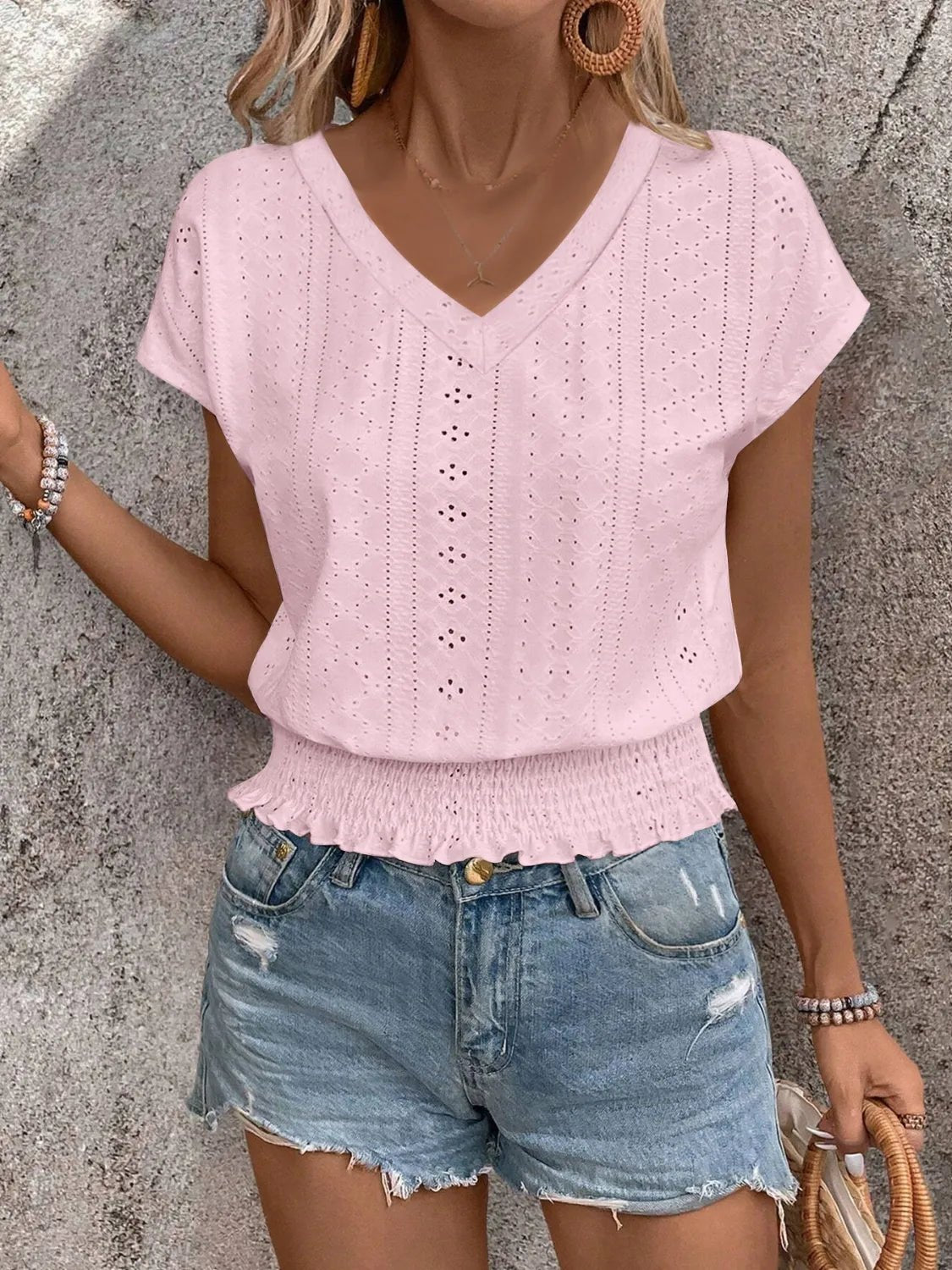 Eyelet V - Neck Short Sleeve Blouse - Grace & Grit Boutique