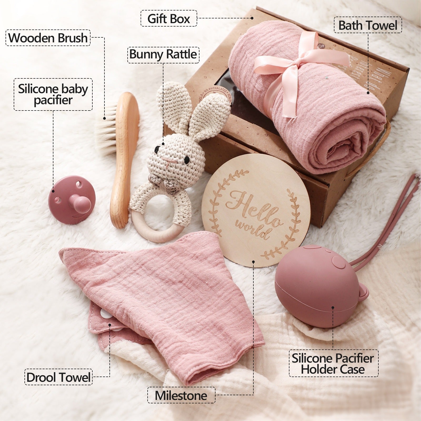 Full moon birth with hand gift, bath towel, wool brush, baby shower mouth, water towel, pacifier set - Grace & Grit Boutique