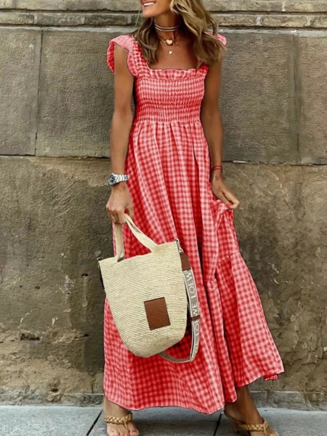 Full Size Gingham Smocked Ruffle Maxi Dress Plus Size - Grace & Grit Boutique