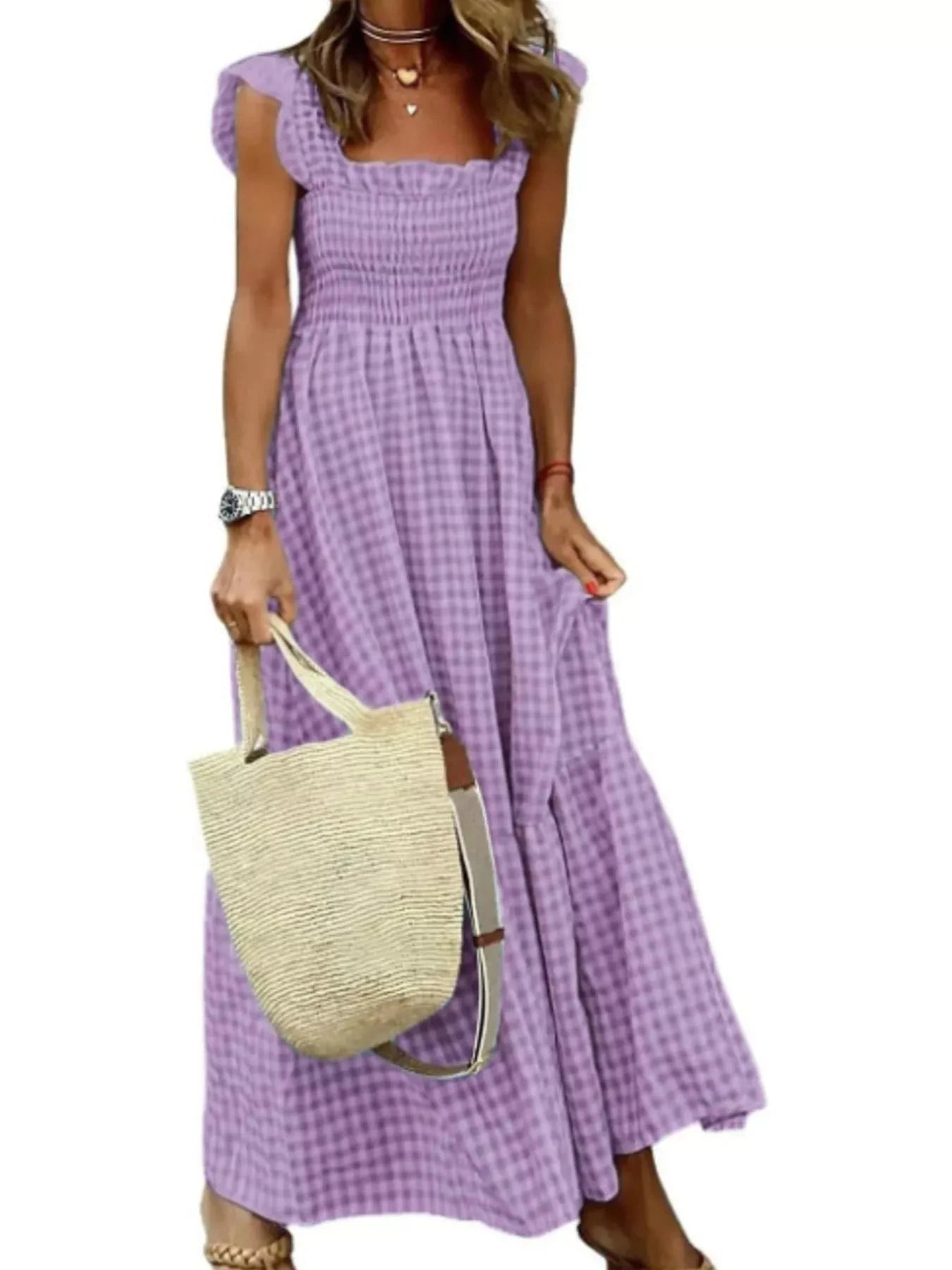 Full Size Gingham Smocked Ruffle Maxi Dress Plus Size - Grace & Grit Boutique