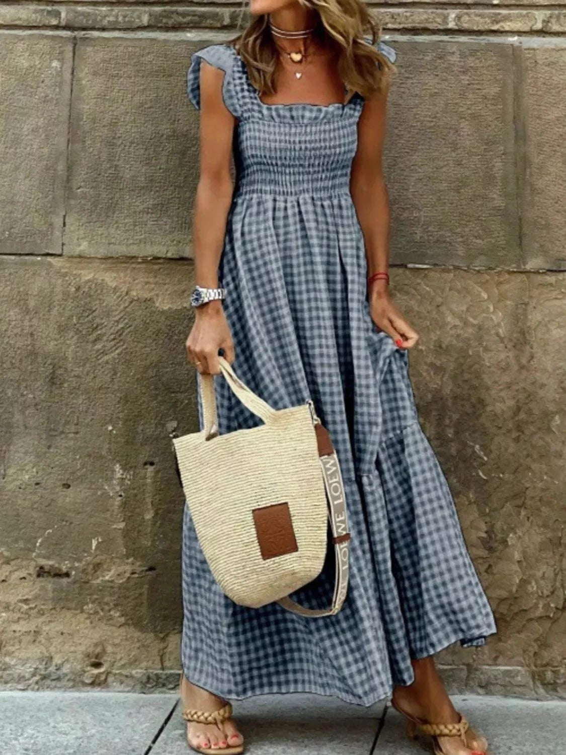 Full Size Gingham Smocked Ruffle Maxi Dress Plus Size - Grace & Grit Boutique