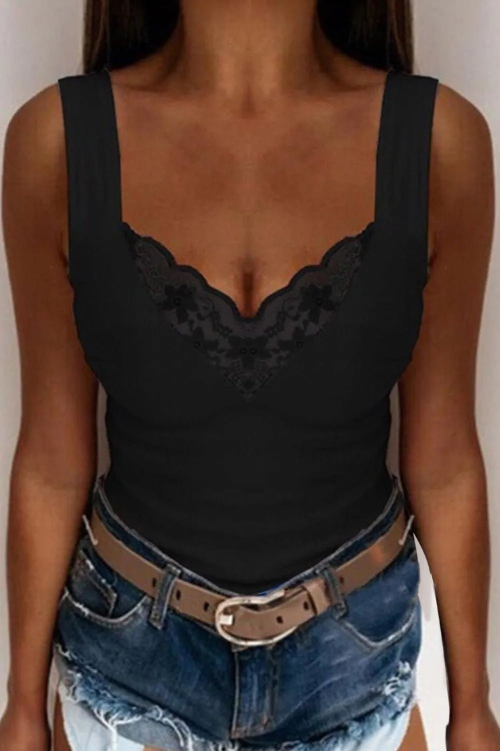 Full Size Lace Detail V - Neck Tank Plus Size - Grace & Grit Boutique
