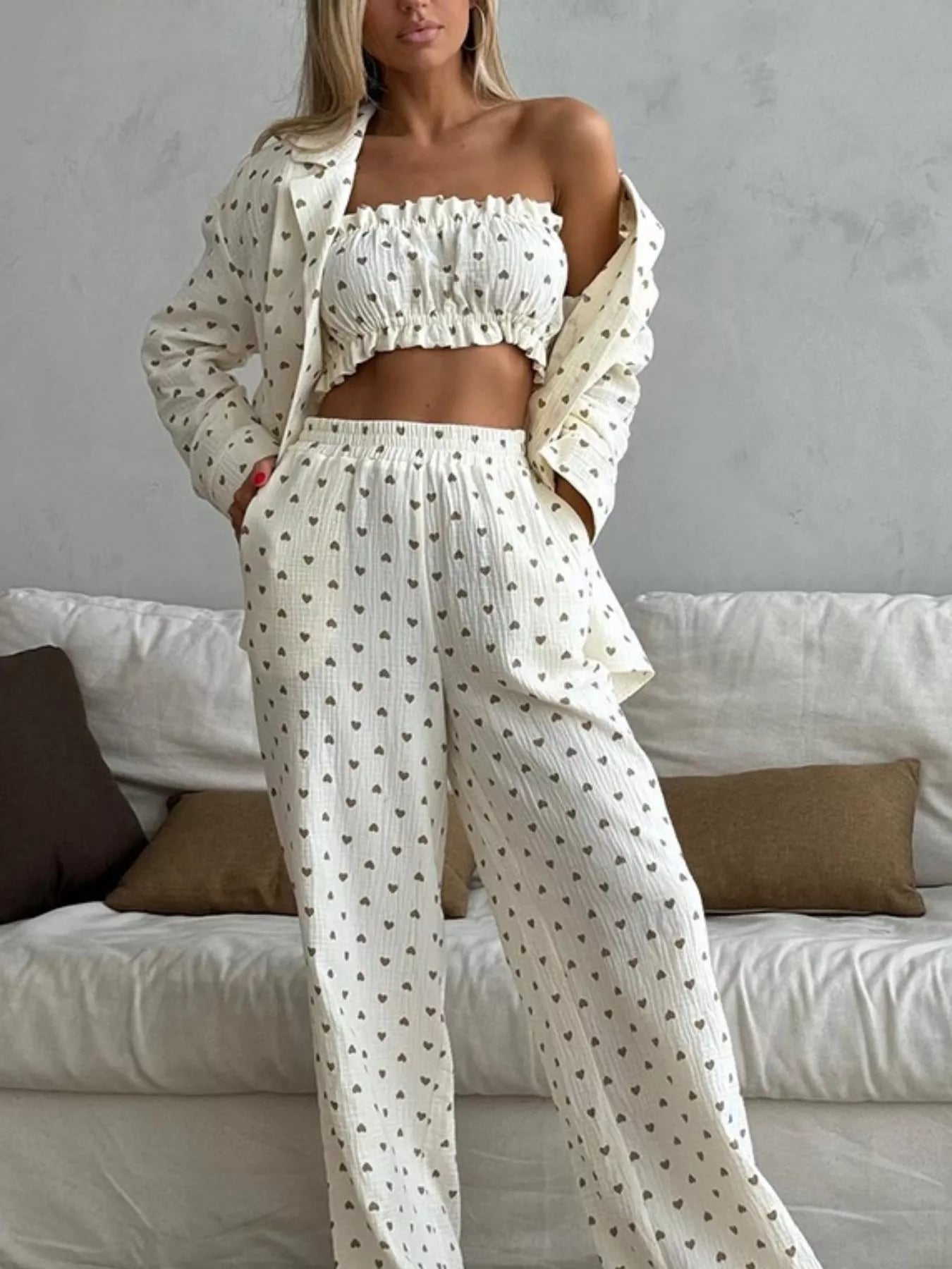 Heart Print Three - Piece Lounge Set - Grace & Grit Boutique