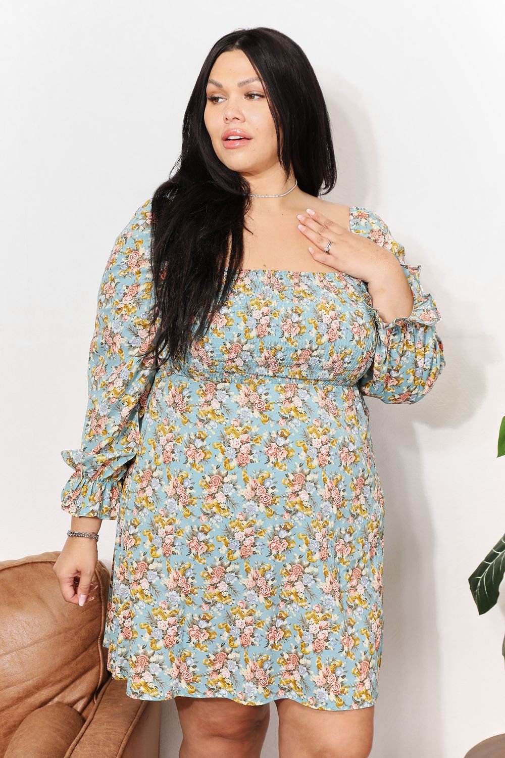 Honey Floral Smocked Flounce Sleeve Square Neck Dress - Grace & Grit Boutique