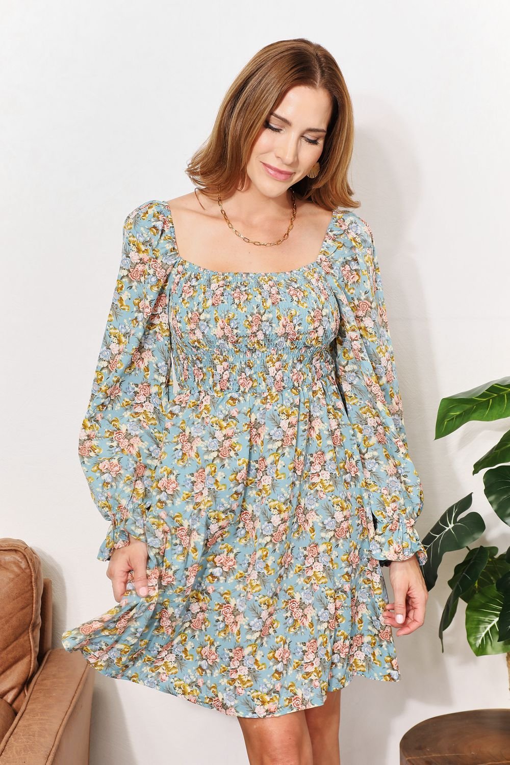 Honey Floral Smocked Flounce Sleeve Square Neck Dress - Grace & Grit Boutique