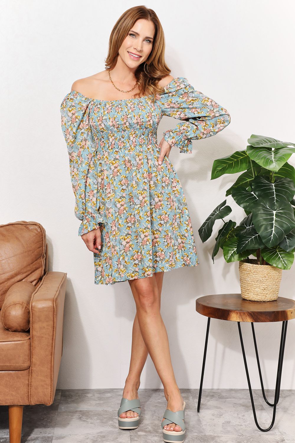Honey Floral Smocked Flounce Sleeve Square Neck Dress - Grace & Grit Boutique
