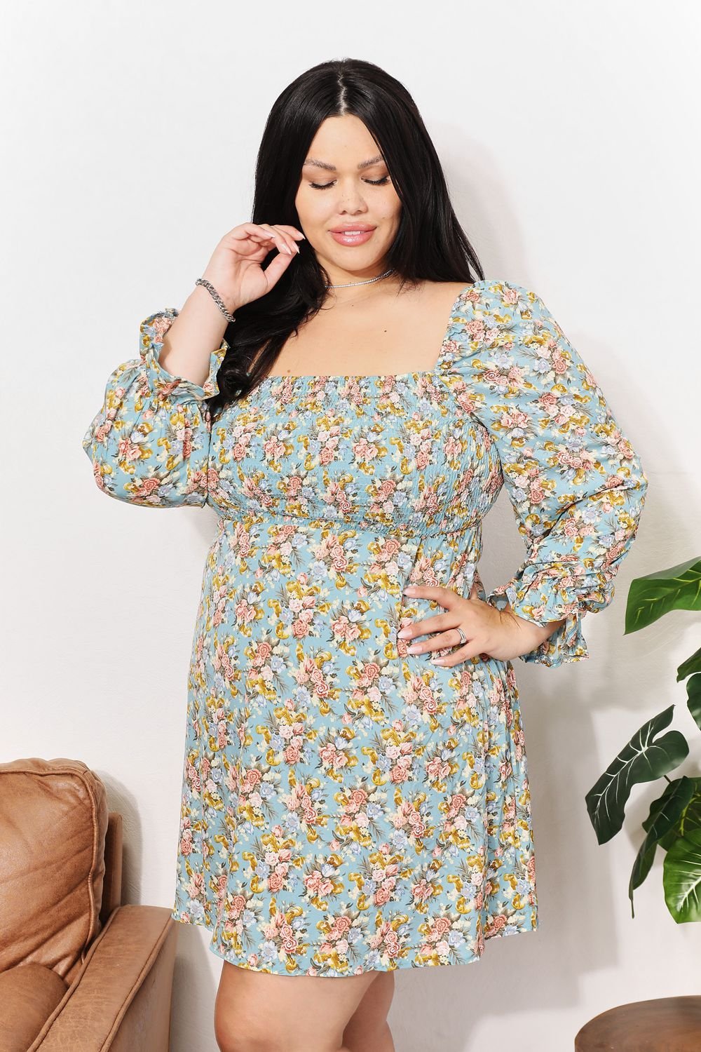 Honey Floral Smocked Flounce Sleeve Square Neck Dress - Grace & Grit Boutique