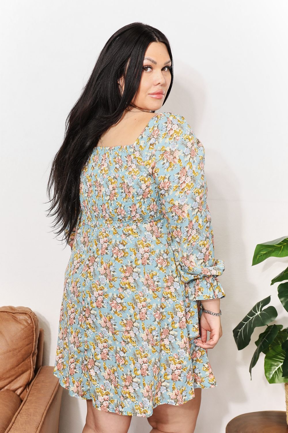 Honey Floral Smocked Flounce Sleeve Square Neck Dress - Grace & Grit Boutique