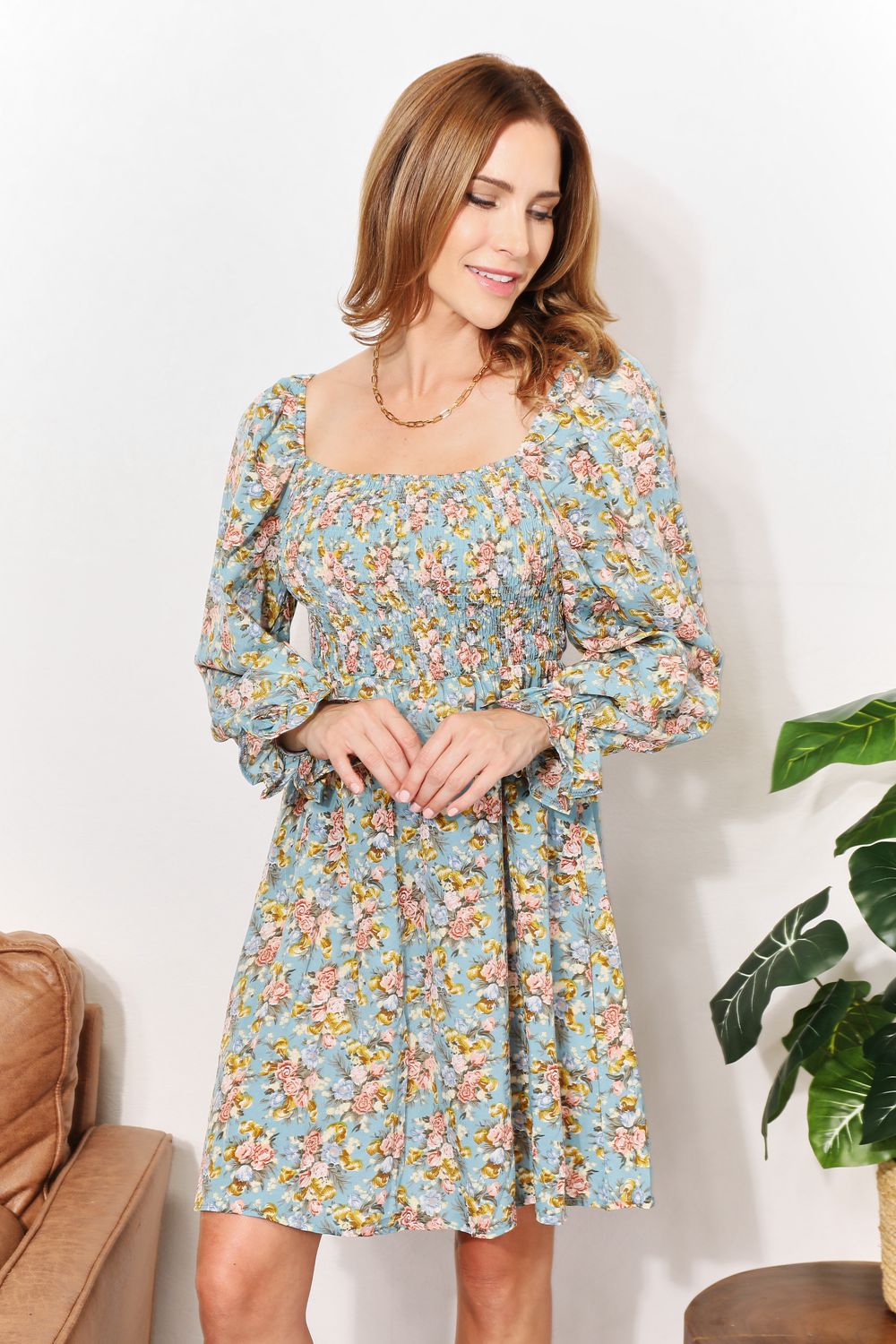 Honey Floral Smocked Flounce Sleeve Square Neck Dress - Grace & Grit Boutique