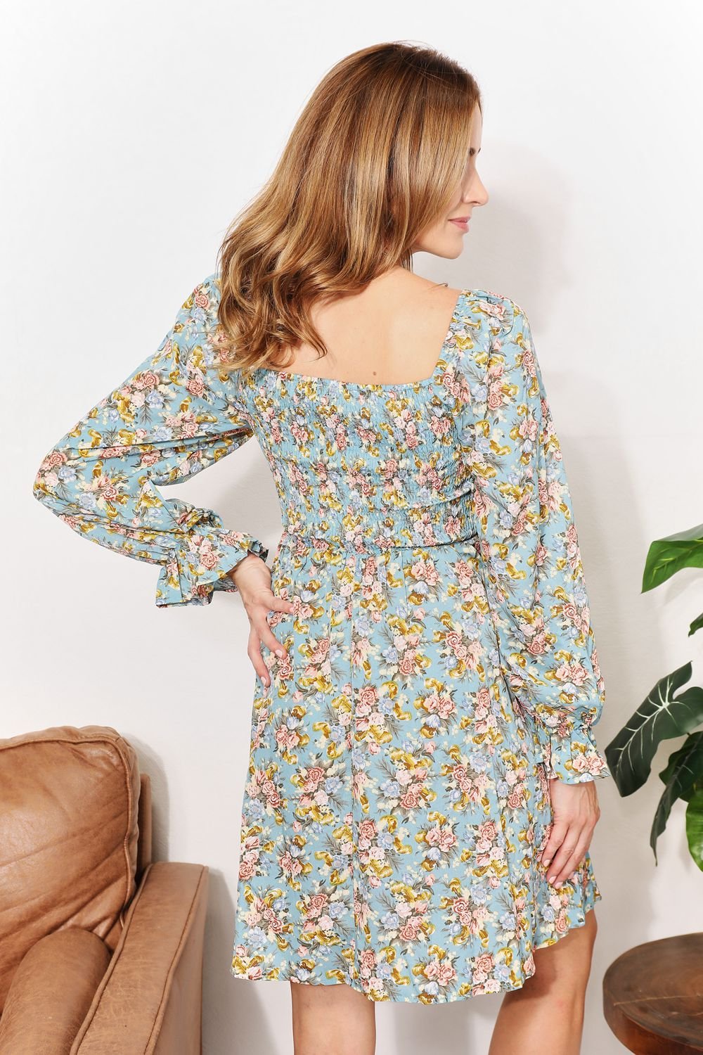 Honey Floral Smocked Flounce Sleeve Square Neck Dress - Grace & Grit Boutique