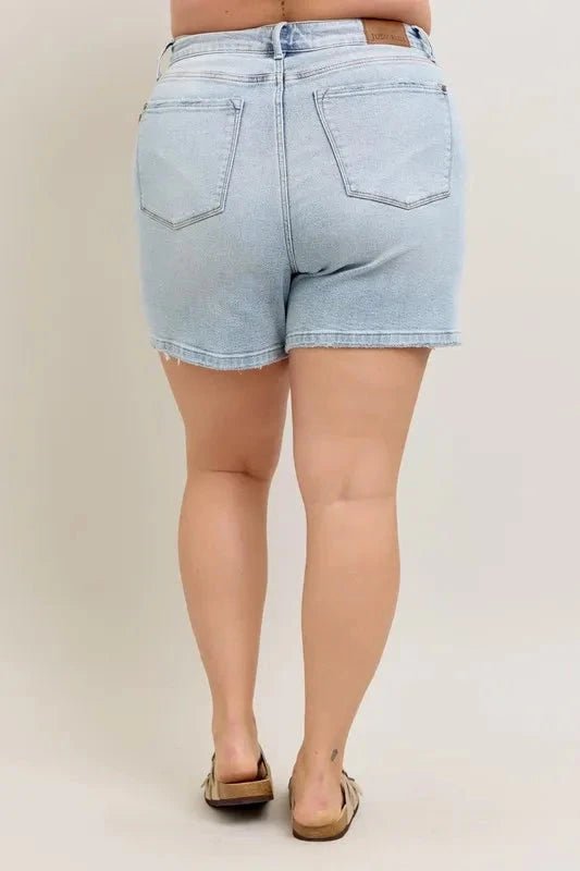 Judy Blue Full Size Frayed Hem High Rise Denim Shorts with Pockets Plus Size - Grace & Grit Boutique