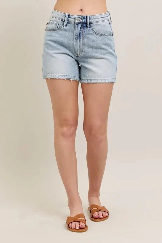 Judy Blue Full Size Frayed Hem High Rise Denim Shorts with Pockets Plus Size - Grace & Grit Boutique