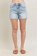 Judy Blue Full Size Frayed Hem High Rise Denim Shorts with Pockets Plus Size - Grace & Grit Boutique