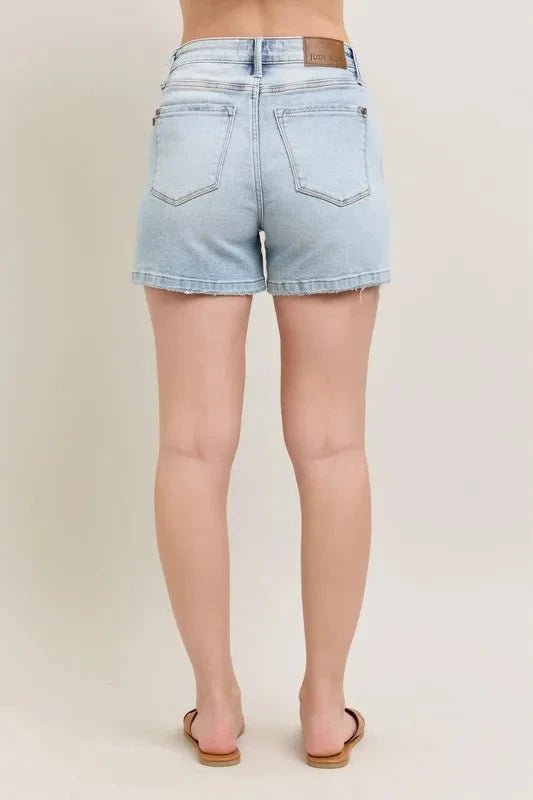 Judy Blue Full Size Frayed Hem High Rise Denim Shorts with Pockets Plus Size - Grace & Grit Boutique