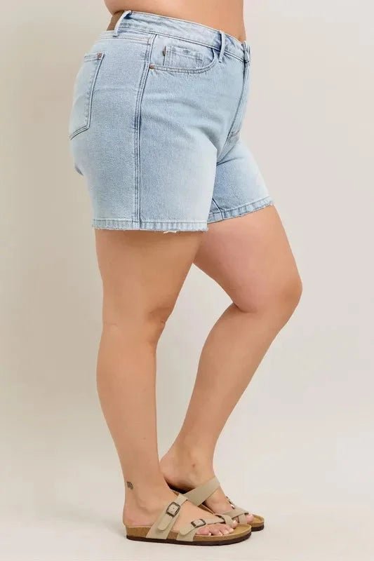 Judy Blue Full Size Frayed Hem High Rise Denim Shorts with Pockets Plus Size - Grace & Grit Boutique
