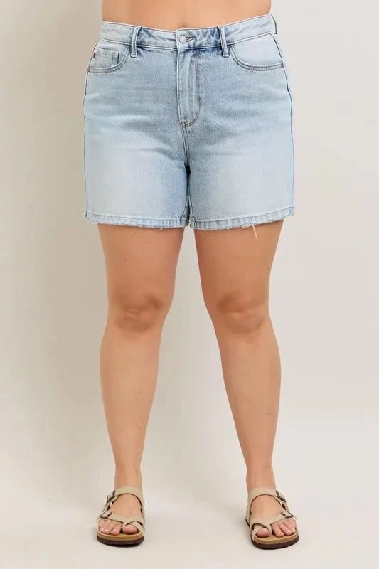 Judy Blue Full Size Frayed Hem High Rise Denim Shorts with Pockets Plus Size - Grace & Grit Boutique