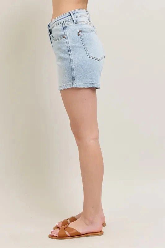 Judy Blue Full Size Frayed Hem High Rise Denim Shorts with Pockets Plus Size - Grace & Grit Boutique