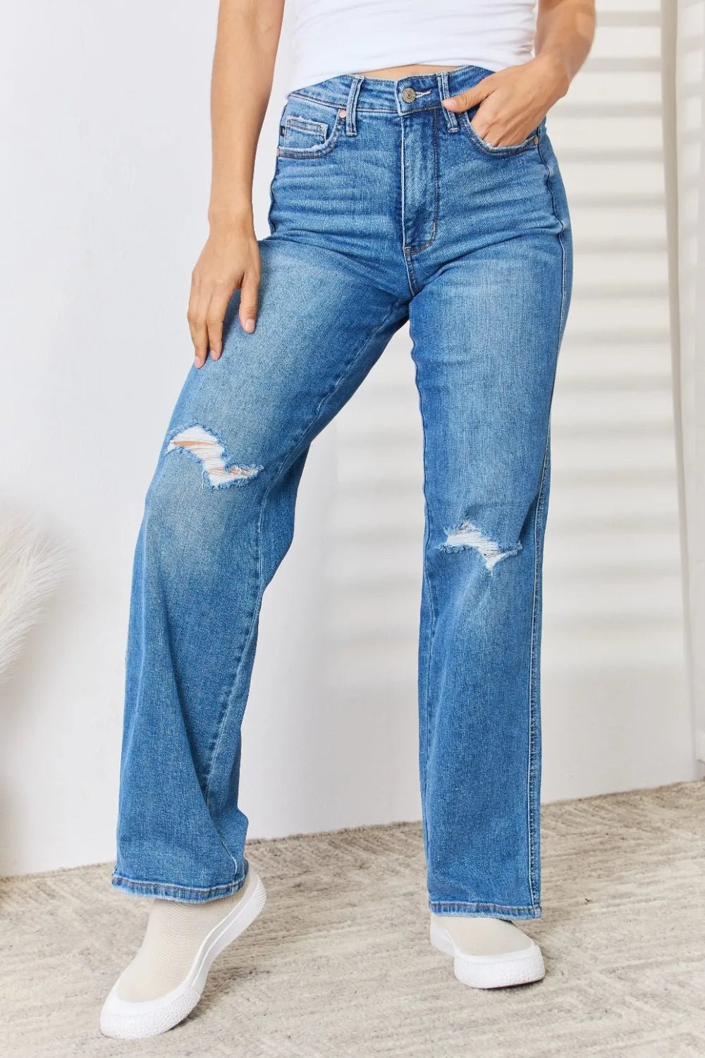 Judy Blue Full Size High Waist Distressed Straight-Leg Jeans by Trendsi