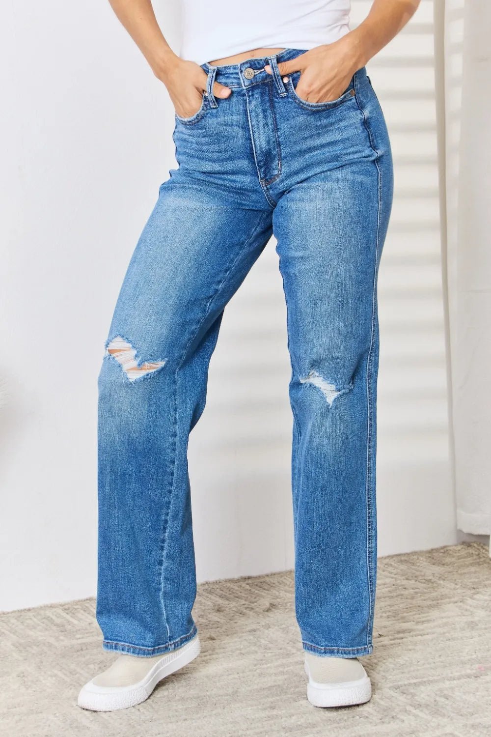 Judy Blue Full Size High Waist Distressed Straight-Leg Jeans by Trendsi