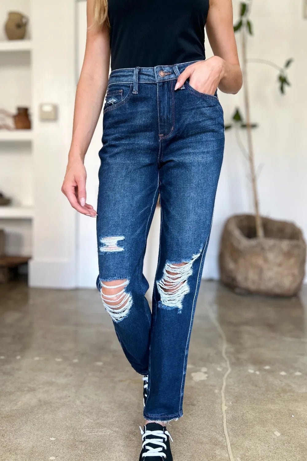 Judy Blue Full Size High Waist Rigid Magic Heavy Destroy Straight Jeans - Grace & Grit Boutique